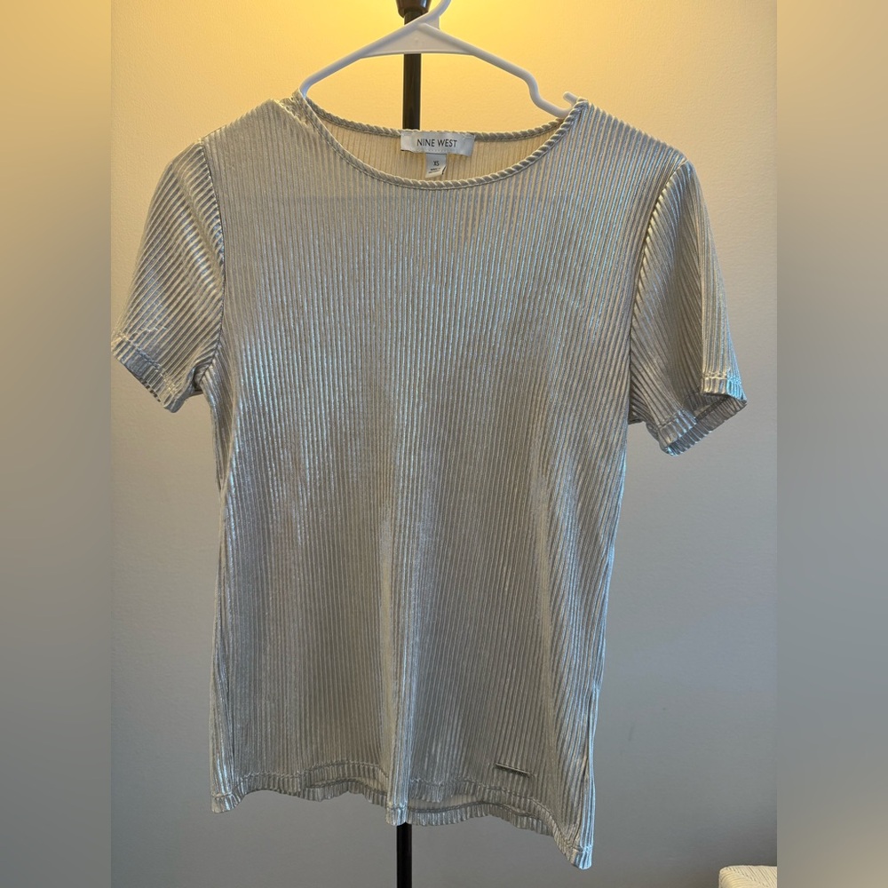 Nine West Metallic Silver Short Sleeve Top